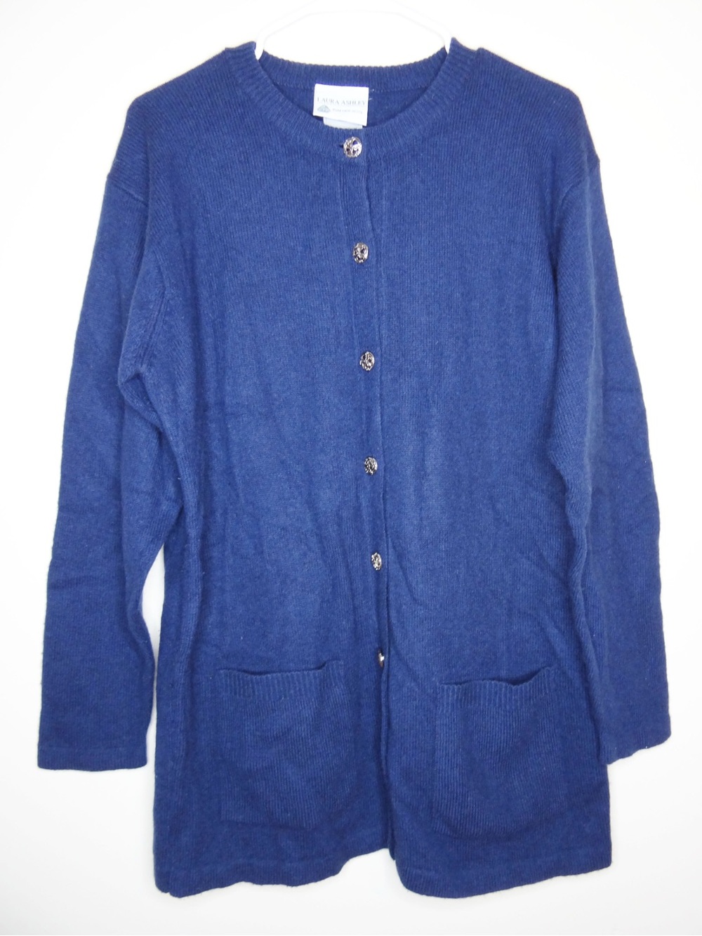 Vintage Laura Ashley Women’s Cardigan Sweater 100% Wool Navy Blue Size Medium